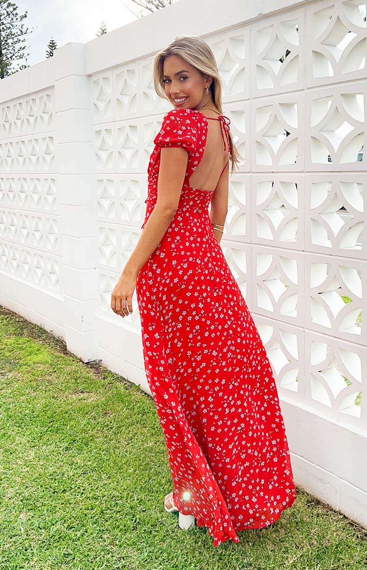 Ayla Red Floral Short Sleeve Maxi Dress Image