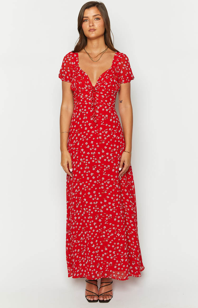 Ayla Red Floral Short Sleeve Maxi Dress Image