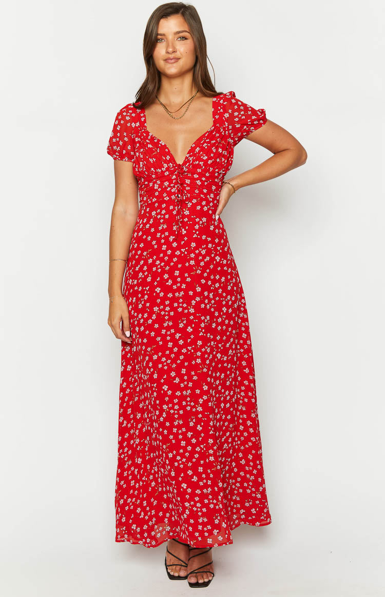 Ayla Red Floral Short Sleeve Maxi Dress Image