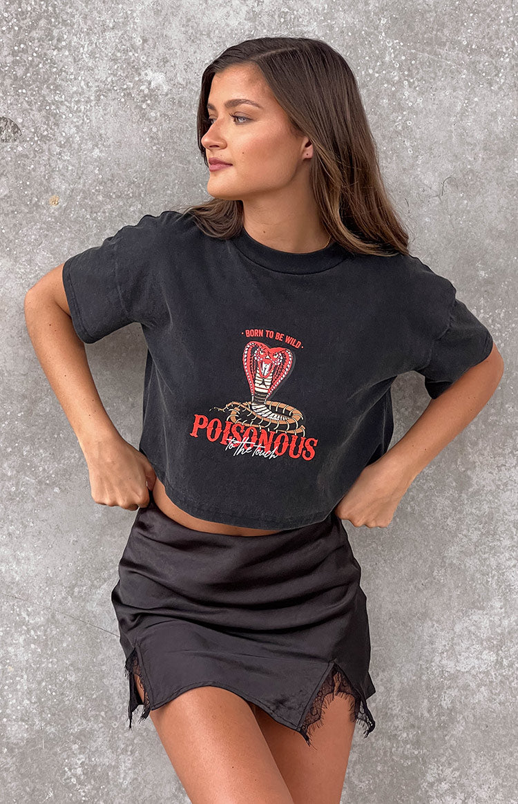 Beginning Boutique Born Wild Black Tee washed black cropped crew neck tee with red cobra graphic and text