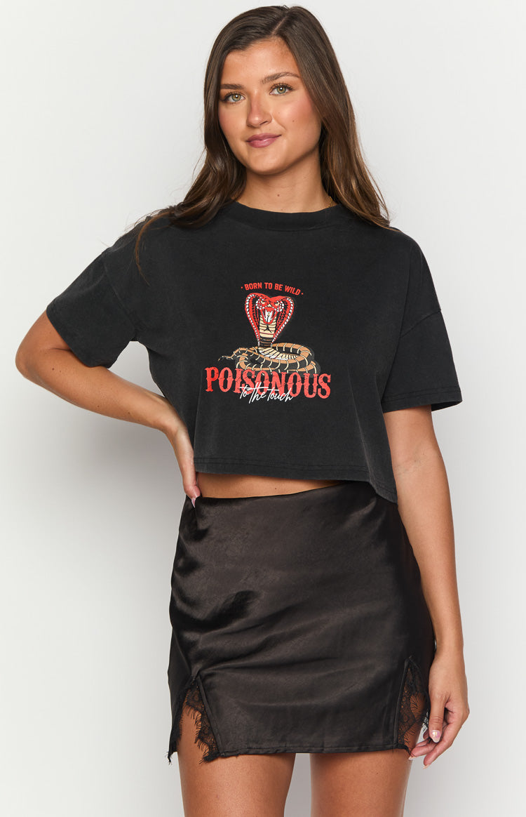 Faded black crew neck cropped tee with a red cobra snake graphic and 'Poisonous to the touch' text