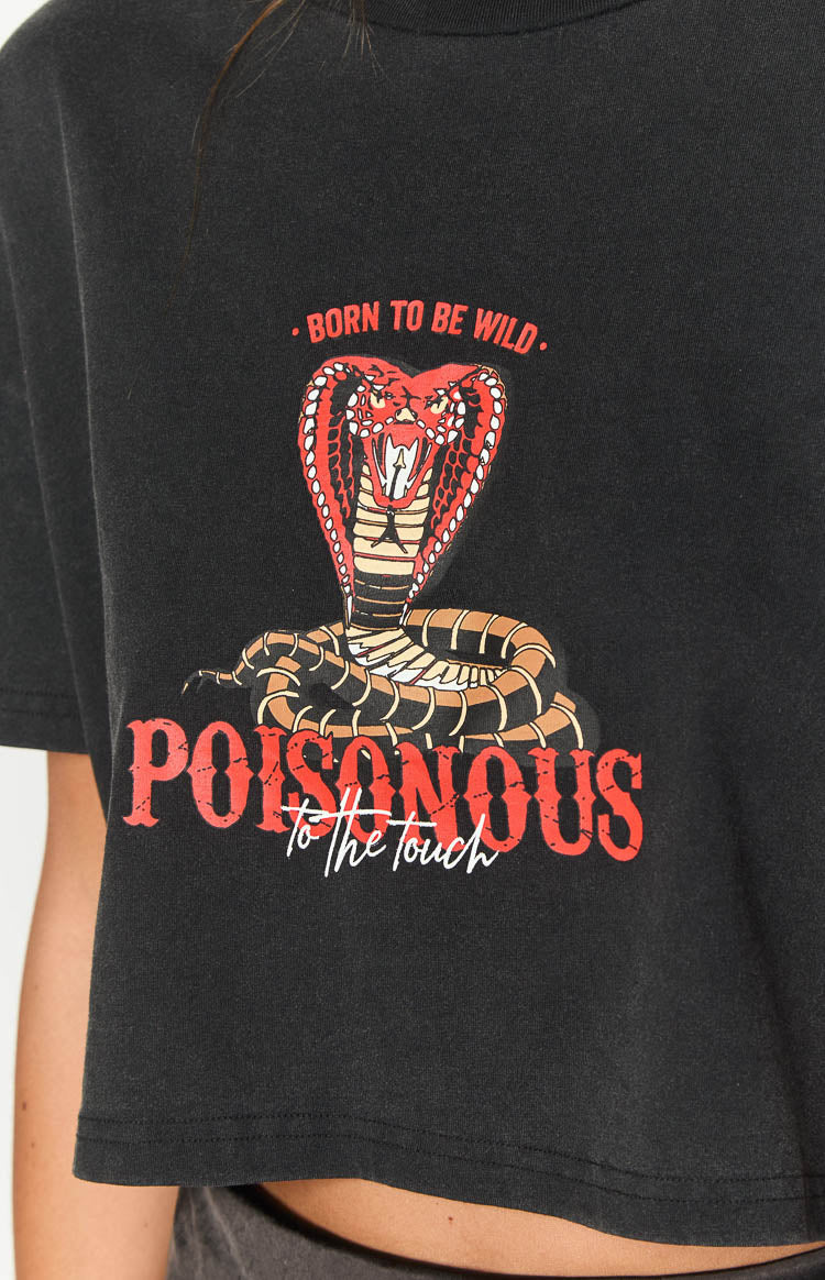 Black tee with red and brown cobra snake graphic, 'Born to be Wild' and 'Poisonous to the touch' slogans