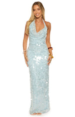 Full length light blue sequin maxi dress with a draped cowl neckline and fitted body
