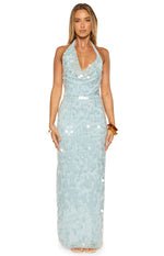 Light blue sequin maxi dress featuring a draped cowl neckline, thin halter straps, and a straight, fitted silhouette