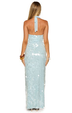 Rear view of a light blue sequin maxi dress with a halter tie-back neckline