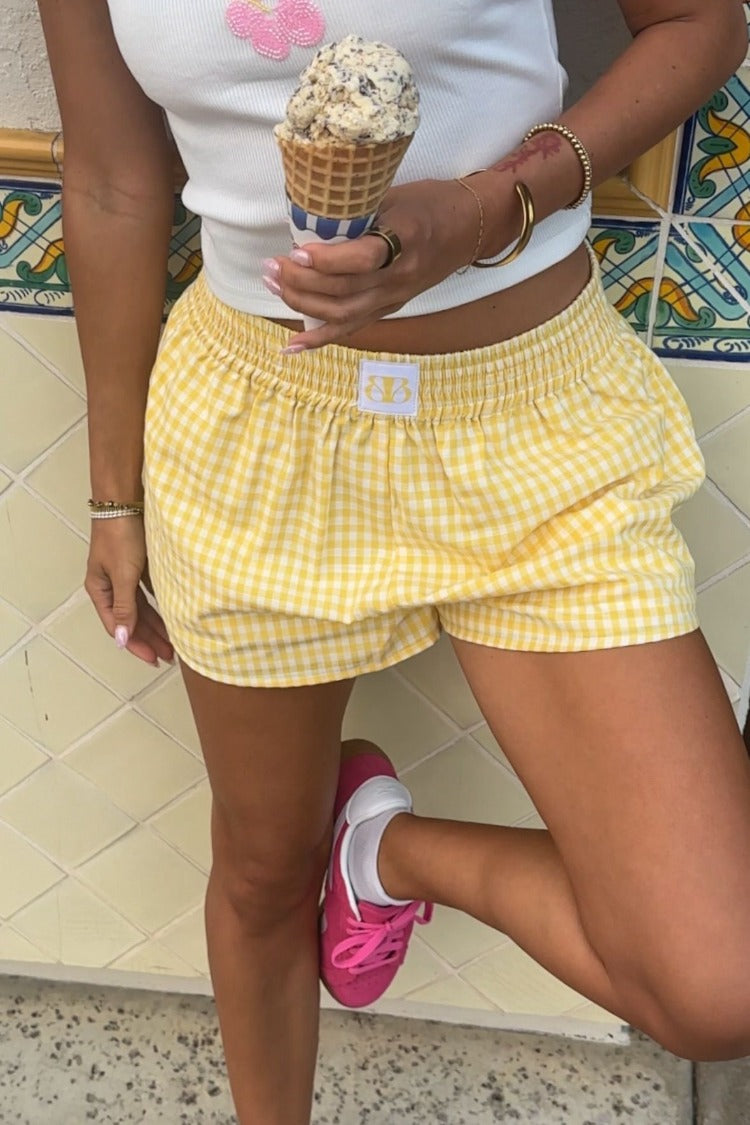 Beginning Boutique Baxter Yellow Gingham Shorts yellow gingham elasticated waist relaxed fit mini shorts