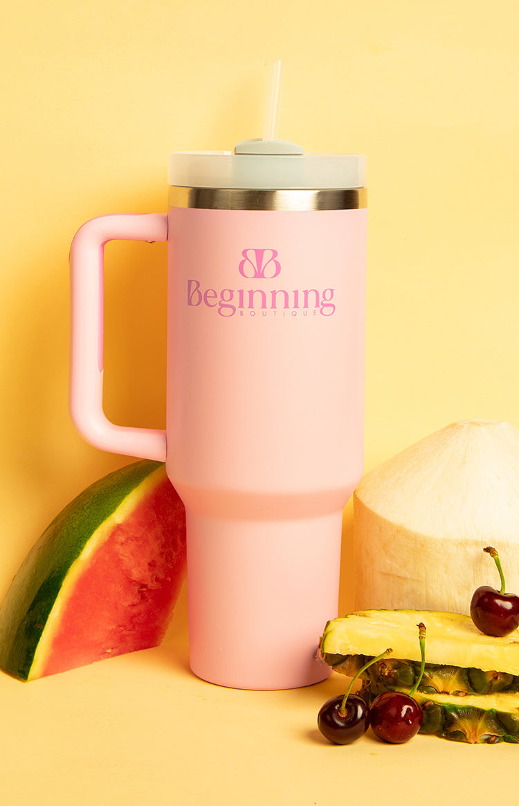 Bubblegum pink insulated tumbler with handle clear straw and pink logo