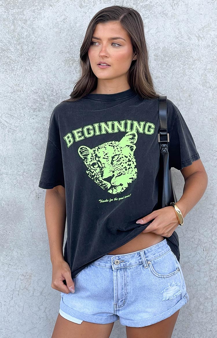 Beginning Boutique Beginning Cub Black Tee washed black oversized tee with neon green leopard graphic print