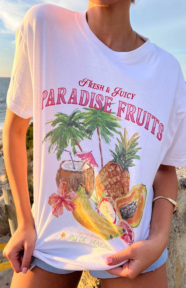 Beginning Boutique Beginning Paradise Fruits White Tee white oversized crew neck tee with short sleeves and a large tropical fruit graphic print