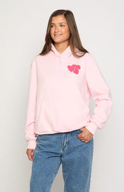 Pink hoodie with hot pink hibiscus flower graphic on left chest and front kangaroo pocket