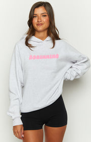 Front view of a grey marl hoodie with pink 'BEGINNING' bubble text on the chest