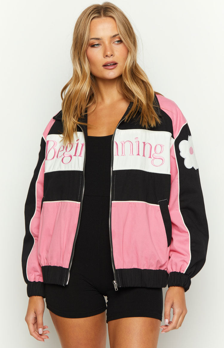 Beginning Boutique Beginning Pink Bomber Jacket pink black and white colour block bomber jacket with 'Beginning' embroidery and flower patch