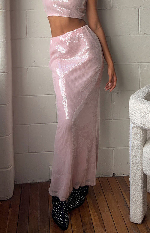 Bellah Pink Sequin Maxi Skirt Beginning Boutique