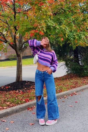 Beginning Boutique Belmont Stripe Sweater Purple chunky knit crew neck long sleeve cropped sweater with purple and pink strip