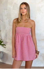 Red gingham strapless mini dress with a straight neckline and gathered empire waist