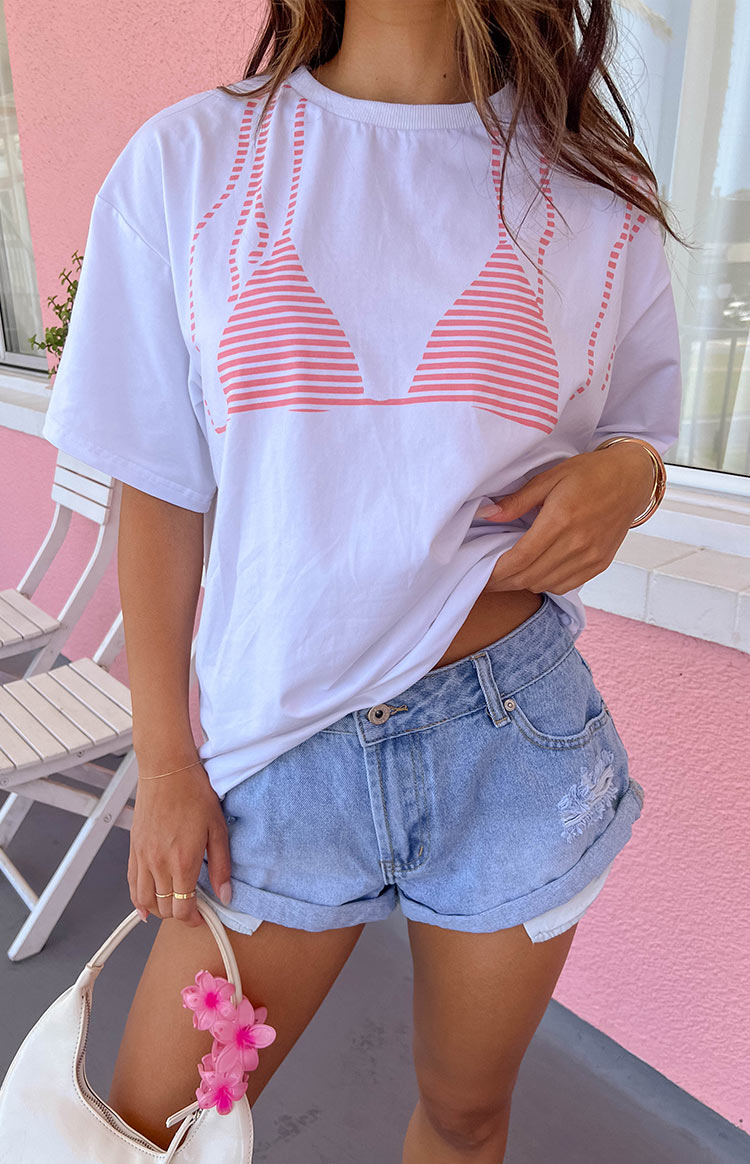 Beginning Boutique Bikini Bliss White Tee white oversized short sleeve tee with a pink striped bikini top graphic print