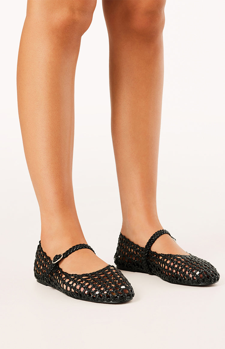 Beginning Boutique Billini Gitta Black Ballet Flats black woven Mary Jane ballet flats with a braided strap and silver buckle