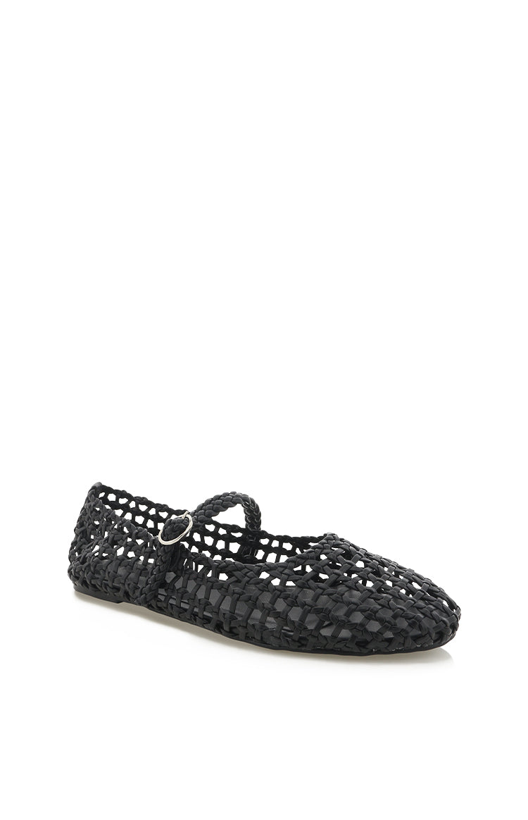 Side view of a black woven ballet flat with a Mary Jane strap and silver buckle