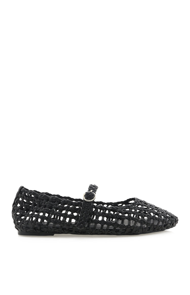 Side view of a black woven ballet flat with a Mary Jane strap and silver buckle