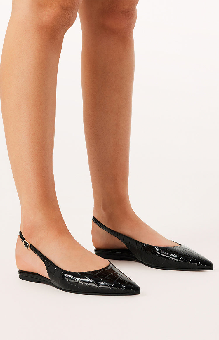 Beginning Boutique Billini Henna Black Patent Croc Mule black patent croc pointed toe slingback flats with gold buckle