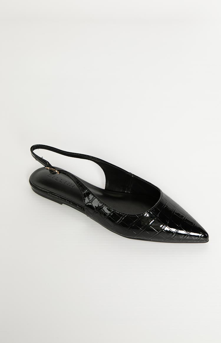 Side view of a black patent croc mule with a pointed toe and a thin slingback strap