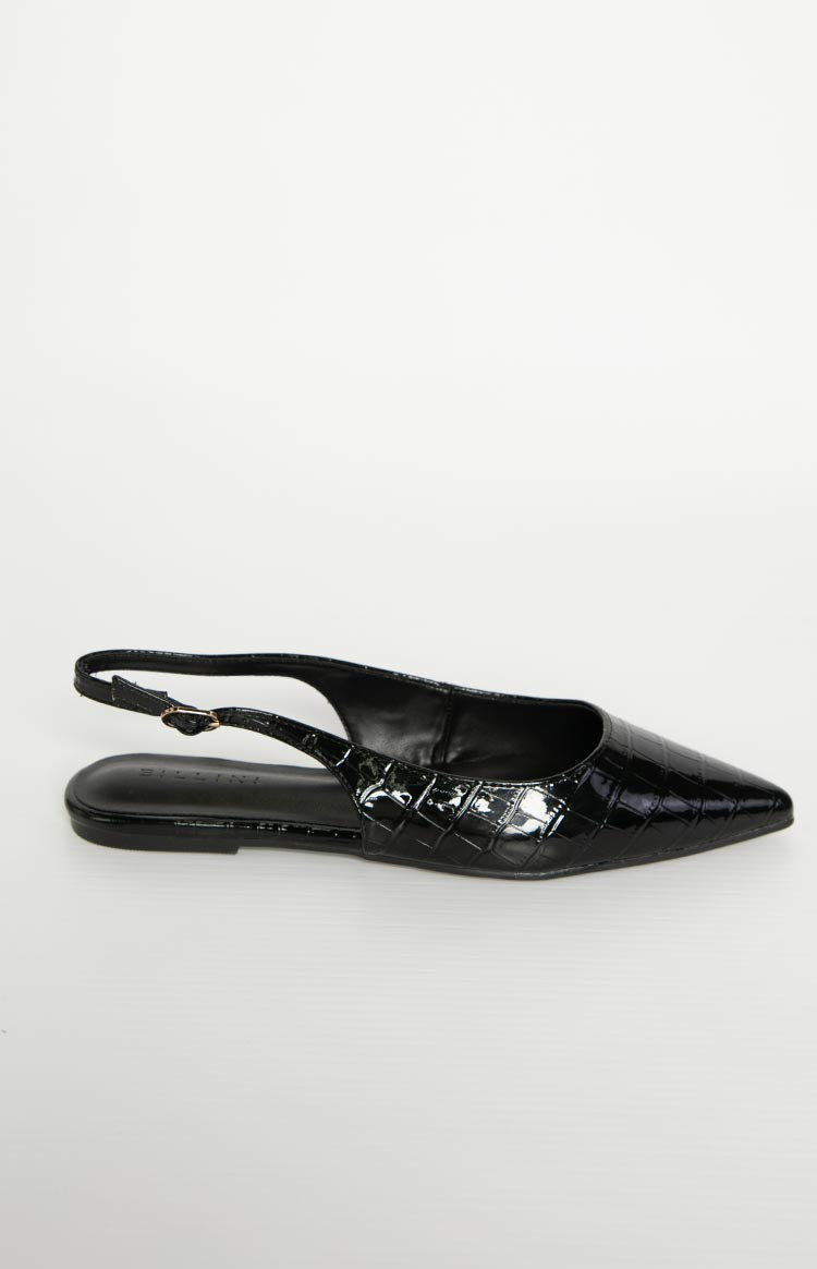 Side view of a black patent croc mule with a pointed toe and adjustable slingback strap