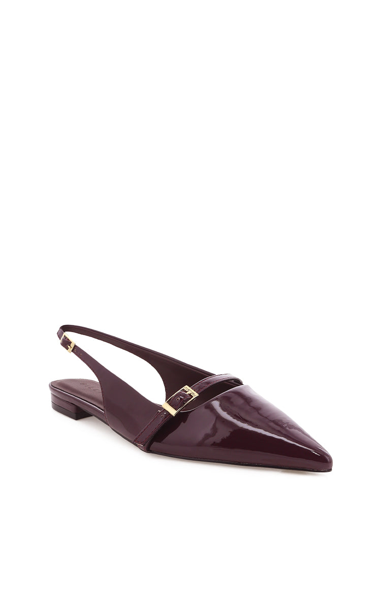 Side view of a mulberry patent mule with a pointed toe, slingback strap, and decorative gold buckle detail