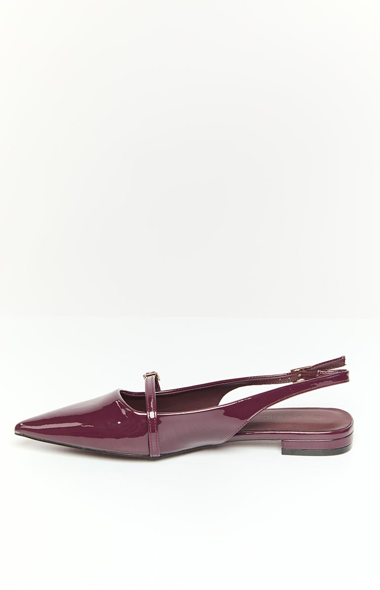 Side view of a mulberry patent mule with a pointed toe, a strap across the foot, and a buckled slingback strap