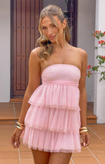 Pink strapless mini dress with a ruched bandeau bodice and a tiered tulle skirt