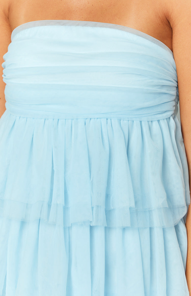 Light blue strapless mini dress with a ruched tulle bodice and layered tiered skirt