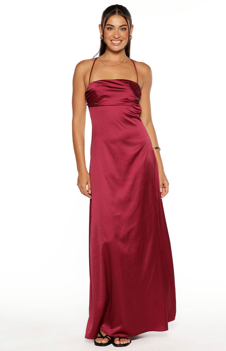 Blaise Burgundy Satin Maxi Dress | Beginning Boutique AU Blaise Burgundy Satin Maxi Dress | Beginning Boutique AU