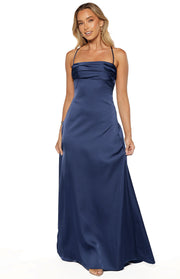 Full length front view of a navy satin maxi dress with a draped straight neckline and thin spaghetti straps