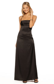 Front view of a black satin maxi dress featuring a draped cowl neck and delicate spaghetti straps