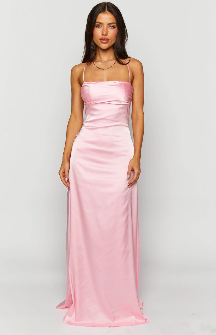 Front view of a pink satin maxi dress with a draped cowl neckline and thin spaghetti straps