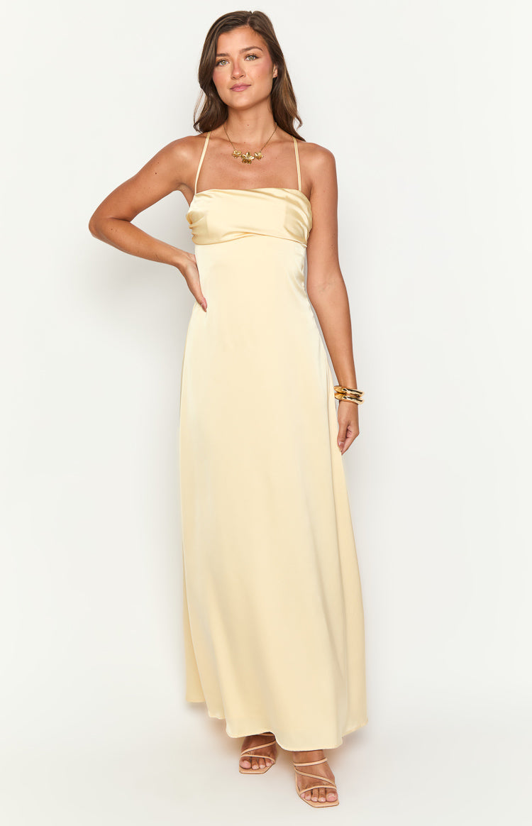 Blaise Yellow Satin Maxi Dress | Beginning Boutique AU