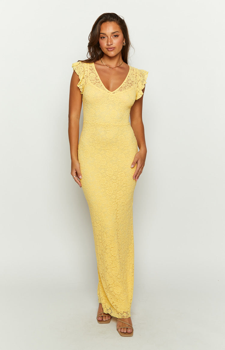 Yellow lace maxi dress with a V-neckline, short flutter sleeves, and a fitted silhouette