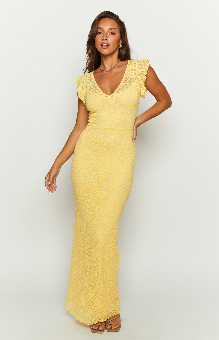 Front view of a yellow floral lace maxi dress with a V-neckline and delicate flutter sleeves