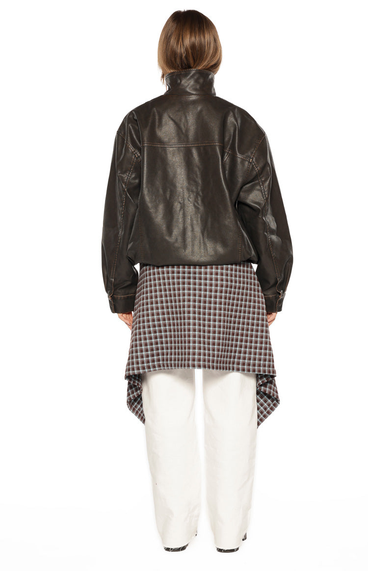 Rear view of a brown PU jacket with a funnel neck and visible seam details across the back