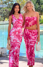 Pink floral print sleeveless V-neck maxi dress with a ruched bodycon fit