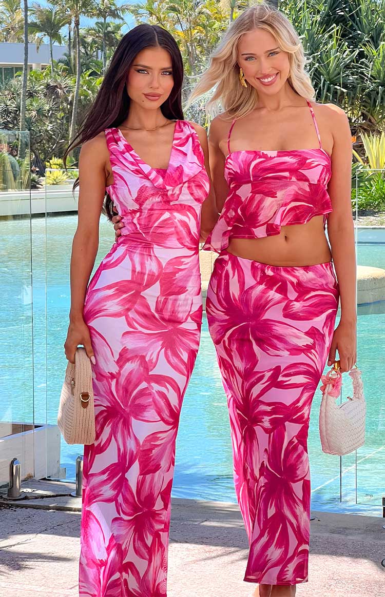 Pink floral print sleeveless V-neck maxi dress with a ruched bodycon fit