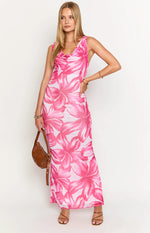 Front view of the pink floral maxi dress showing the cowl neck, sleeveless cut, and side ruching