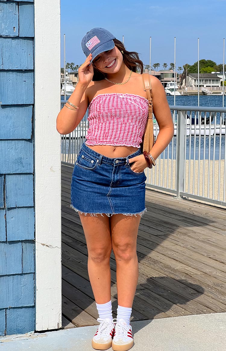Red and white gingham smocked strapless crop top with a ruffled hem