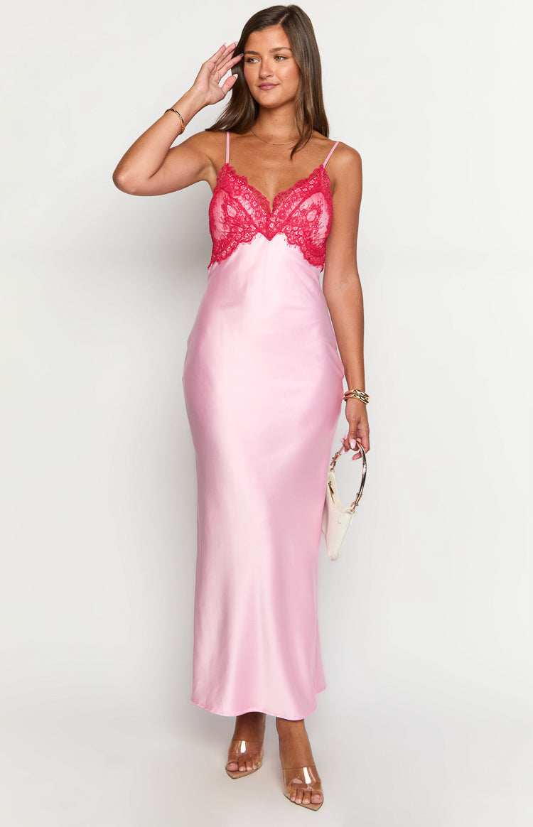 Pink satin maxi dress with a contrasting red lace V-neck bust and thin spaghetti straps