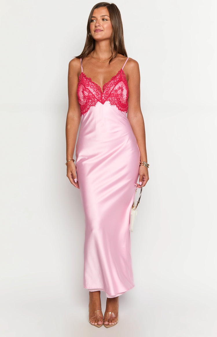 Pink satin maxi dress with a vibrant red lace V-neck bust and delicate spaghetti straps