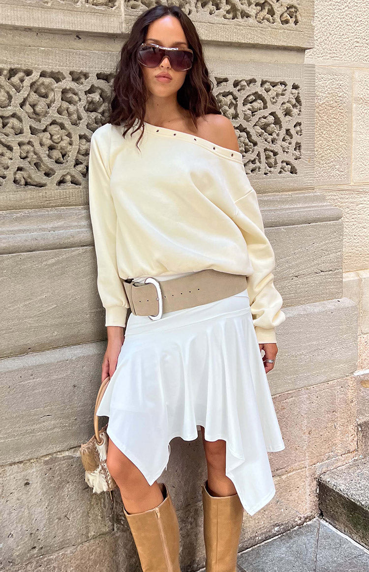 Brighton White Asymmetrical Midi Skirt | Beginning Boutique AU