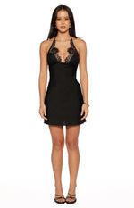 Front view of a black satin mini dress with a lace-trimmed halter neckline and a fitted silhouette