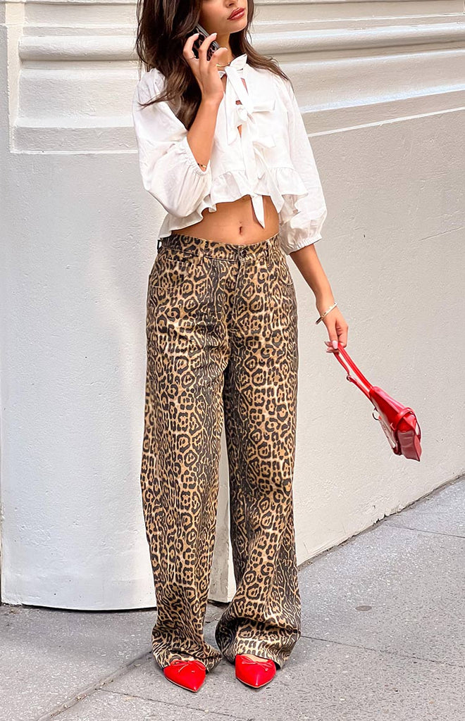 Leopard-Print Denim Straight Pants main image 0