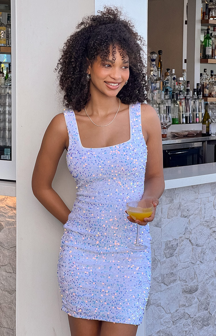 Beginning Boutique Charming White Sequin Mini Dress white iridescent sequin square neck bodycon mini dress