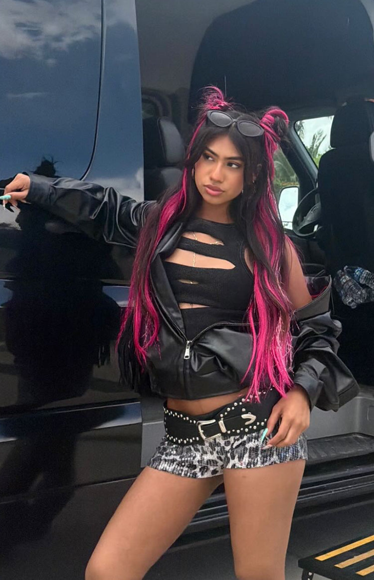 Black PU bomber jacket with long sleeves and a relaxed fit, worn open