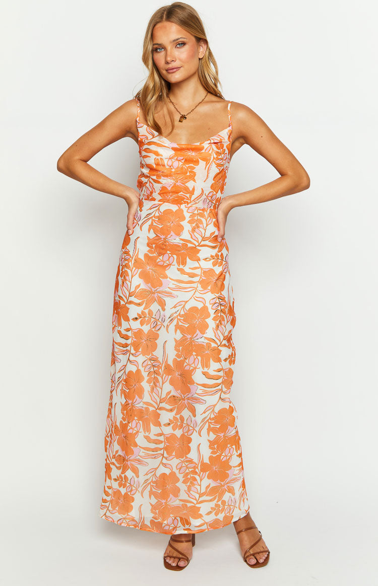 Shop Formal Dress - Cambri Orange Floral Chiffon Maxi Dress sixth image
